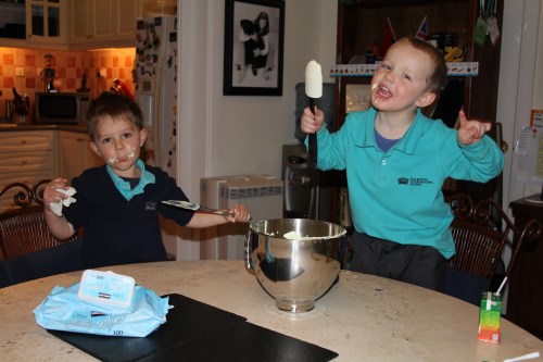 Oliver and Ethan "helping" Owen with making Marshmallows.