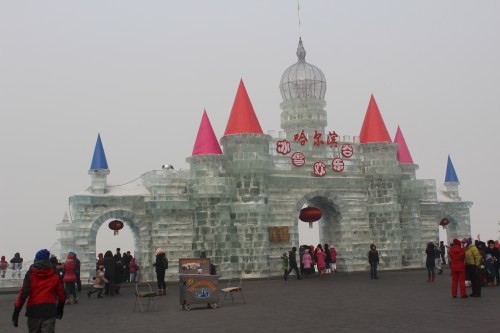 The ice sculpted entrance to the river slides.