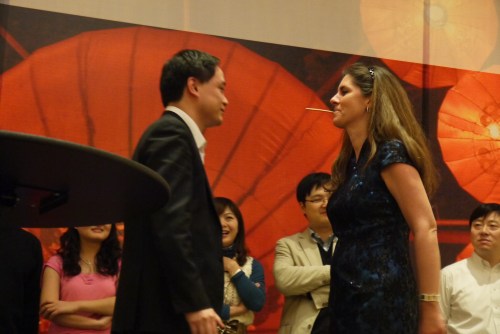 I got "volunteered" for a game on the stage.  This involved getting a pretzel stick to the shortest length possible with your partner.