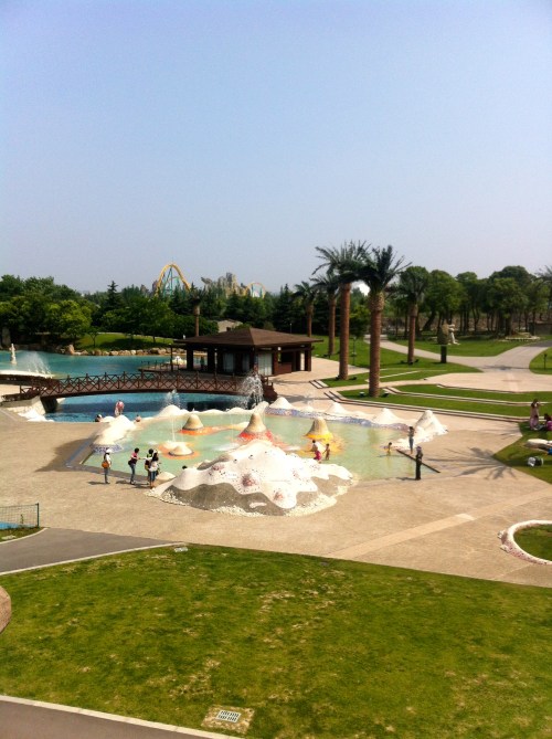Looking down into the water park from the top of the tree house.