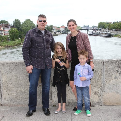 Stopping for photos on a bridge in Regensburg after the Town Hall ceremony.  On our way to lunch!