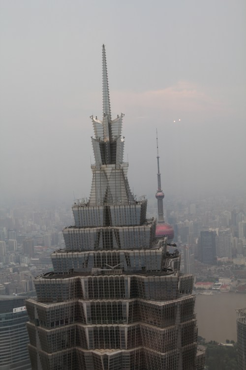 The view across the top of the Jin Mao Tower to the Oriental Pearl Tower.