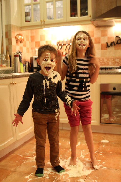 Oliver - still in shock that Daddy actually put a cream pie in his face!  Isabelle couldn't believe that Daddy then rubbed it in even more in her hair!!