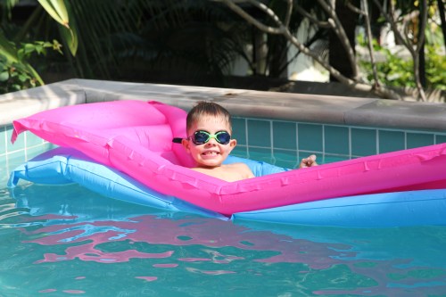 Oliver relaxing in the pool at our villa.  "This is the life, Mum!"