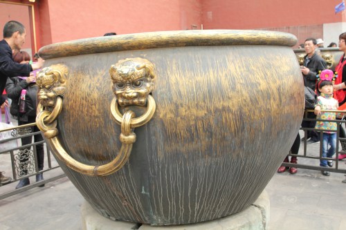 Huge copper and iron urns - for both water storage and fire.